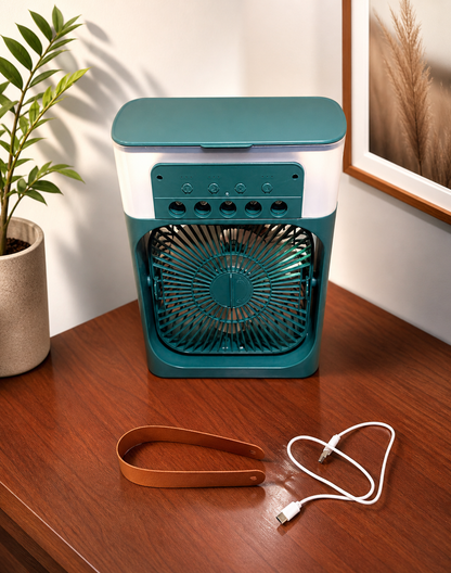 Portable Mini Air Cooler Fan with Mist Spray & LED Light – USB Rechargeable Personal AC